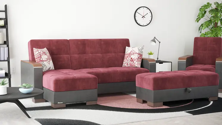 52" Burgundy Black and Brown Faux Leather And Microfiber Tufted Storage Ottoman