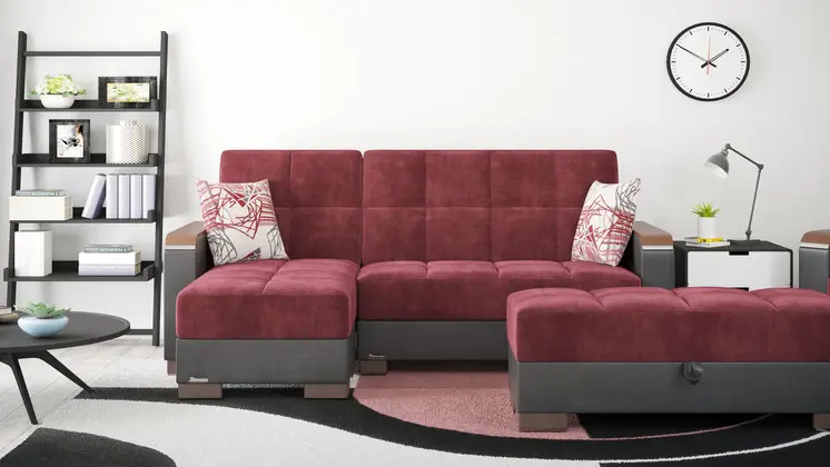 52" Burgundy Black and Brown Faux Leather And Microfiber Tufted Storage Ottoman