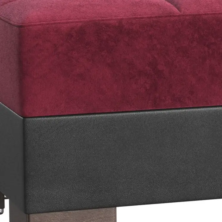 52" Burgundy Black and Brown Faux Leather And Microfiber Tufted Storage Ottoman