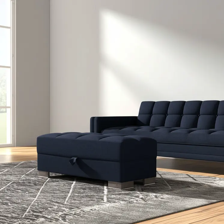 52" Dark Blue and Brown Chenille Tufted Storage Ottoman