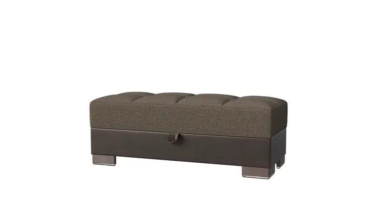 52" Brown Chenille And Faux Leather Tufted Storage Ottoman
