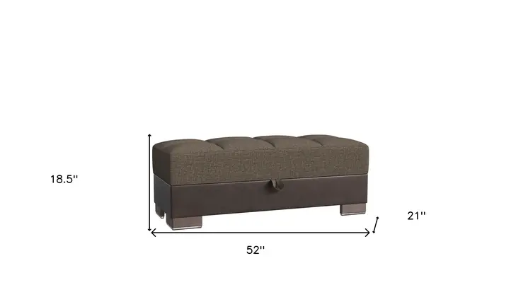 52" Brown Chenille And Faux Leather Tufted Storage Ottoman