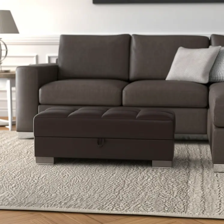 52" Brown Faux Leather Tufted Storage Ottoman