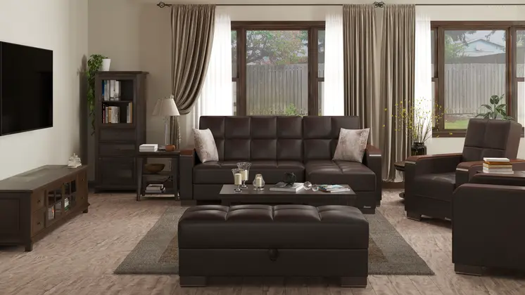 52" Brown Faux Leather Tufted Storage Ottoman