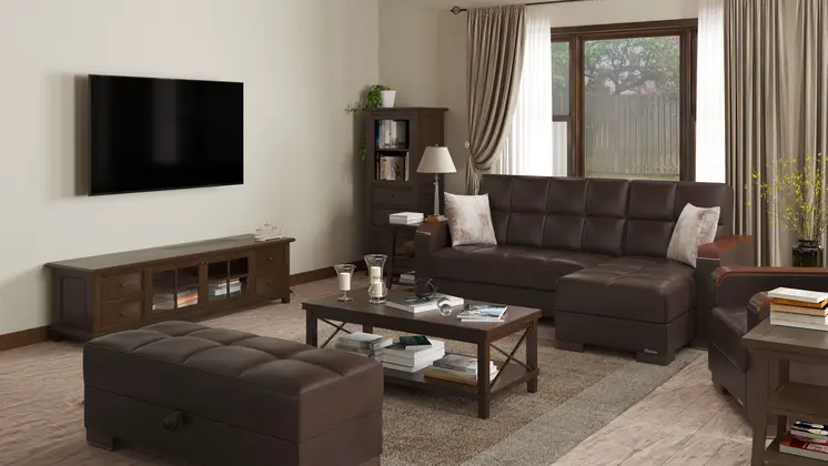 52" Brown Faux Leather Tufted Storage Ottoman