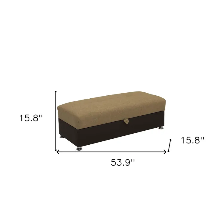 54" Camel Espresso and Silver Chenille And Faux Leather Tufted Storage Ottoman