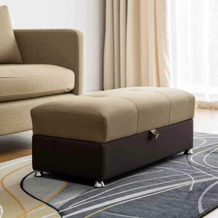 54" Camel Espresso and Silver Chenille And Faux Leather Tufted Storage Ottoman