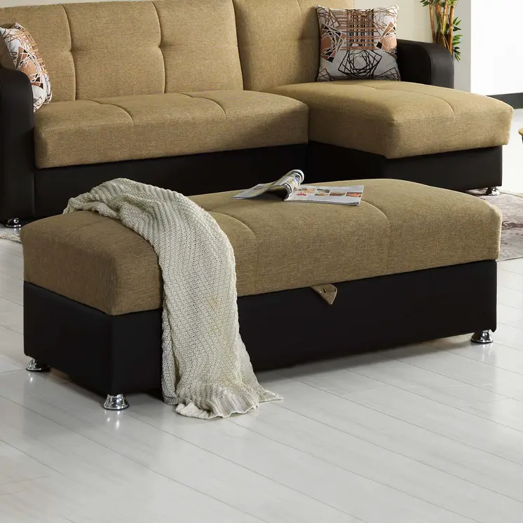 54" Camel Espresso and Silver Chenille And Faux Leather Tufted Storage Ottoman