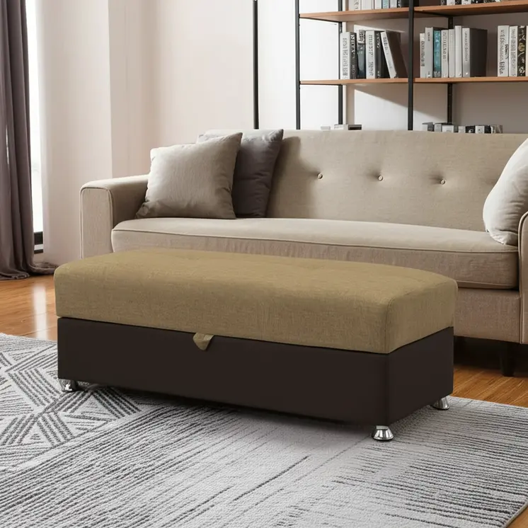 54" Camel Espresso and Silver Chenille And Faux Leather Tufted Storage Ottoman