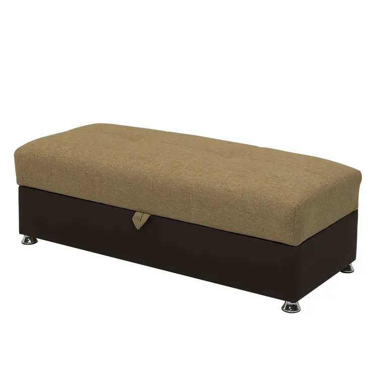 54" Camel Espresso and Silver Chenille And Faux Leather Tufted Storage Ottoman