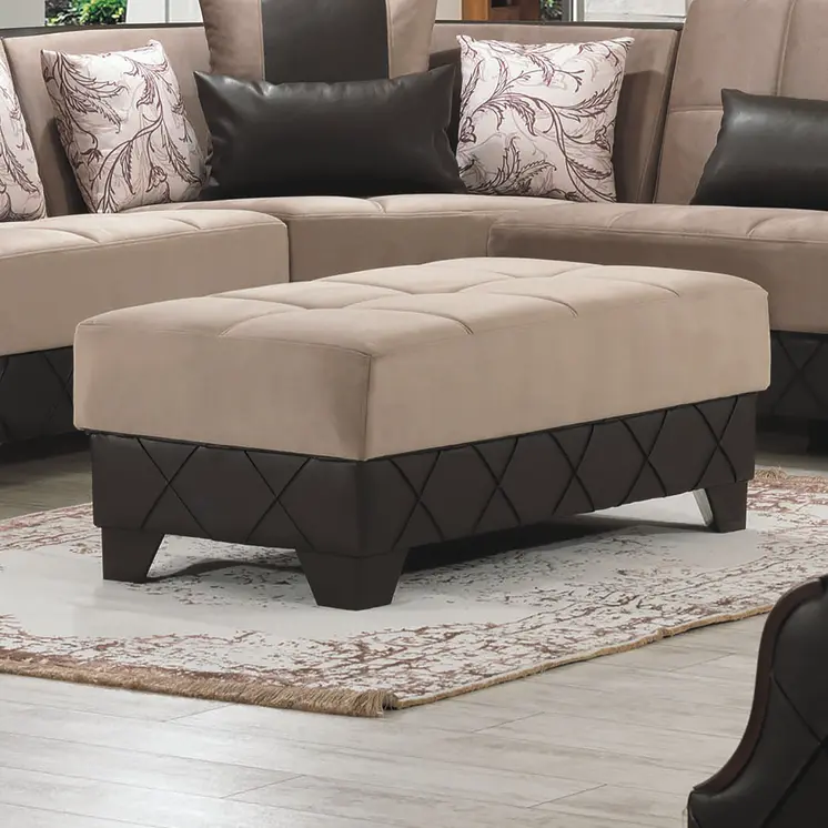 48" Taupe and Espresso Faux Leather And Microfiber Tufted Storage Ottoman