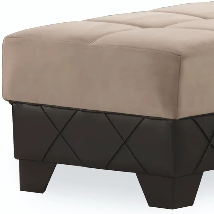 48" Taupe and Espresso Faux Leather And Microfiber Tufted Storage Ottoman