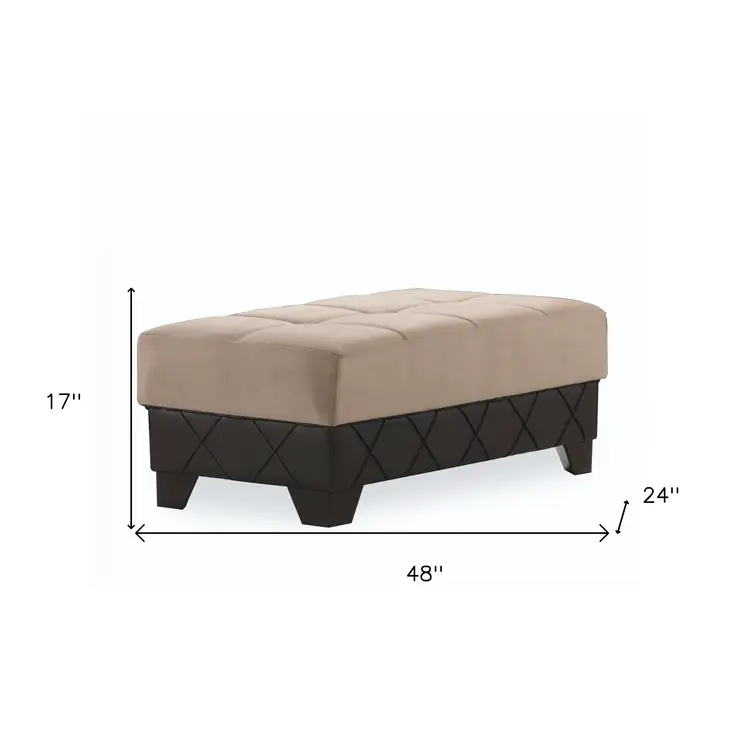 48" Taupe and Espresso Faux Leather And Microfiber Tufted Storage Ottoman
