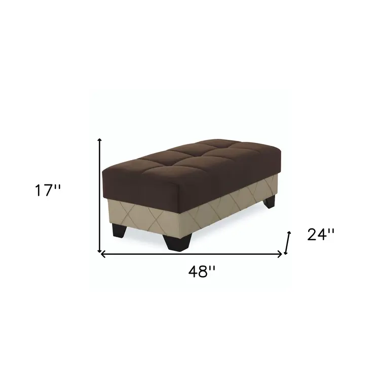 48" Brown and Cream Faux Leather And Microfiber Tufted Storage Ottoman