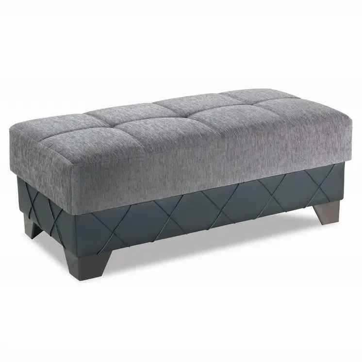 48" Gray and Brown Chenille And Faux Leather Tufted Storage Ottoman