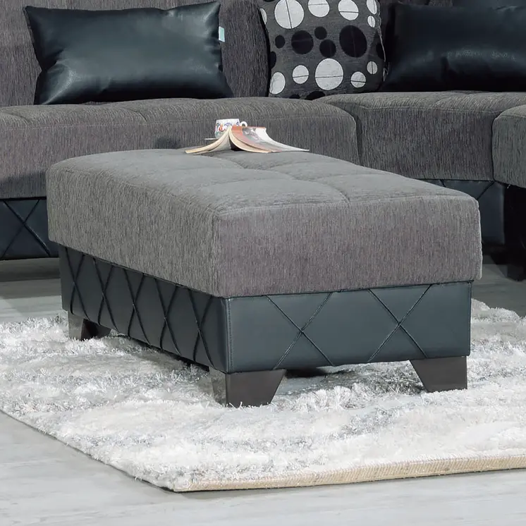 48" Gray and Brown Chenille And Faux Leather Tufted Storage Ottoman