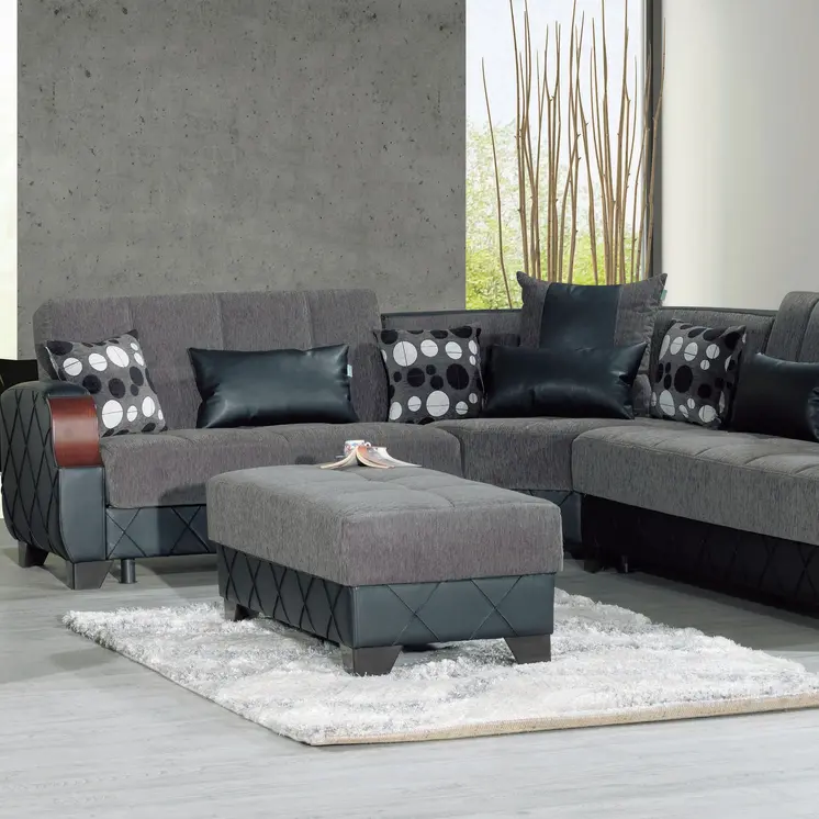48" Gray and Brown Chenille And Faux Leather Tufted Storage Ottoman