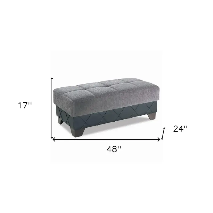 48" Gray and Brown Chenille And Faux Leather Tufted Storage Ottoman
