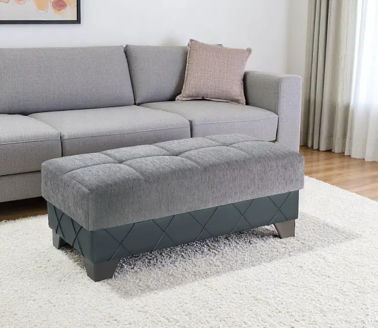 48" Gray and Brown Chenille And Faux Leather Tufted Storage Ottoman