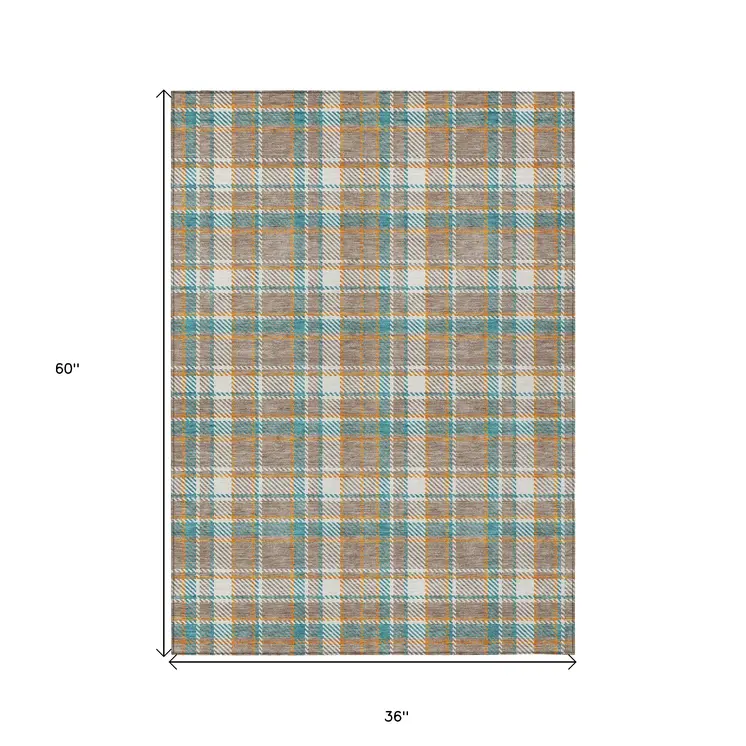 3' X 5' Taupe And Blue Plaid Washable Indoor Outdoor Area Rug