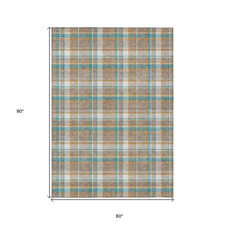 5' X 8' Taupe And Blue Plaid Washable Indoor Outdoor Area Rug