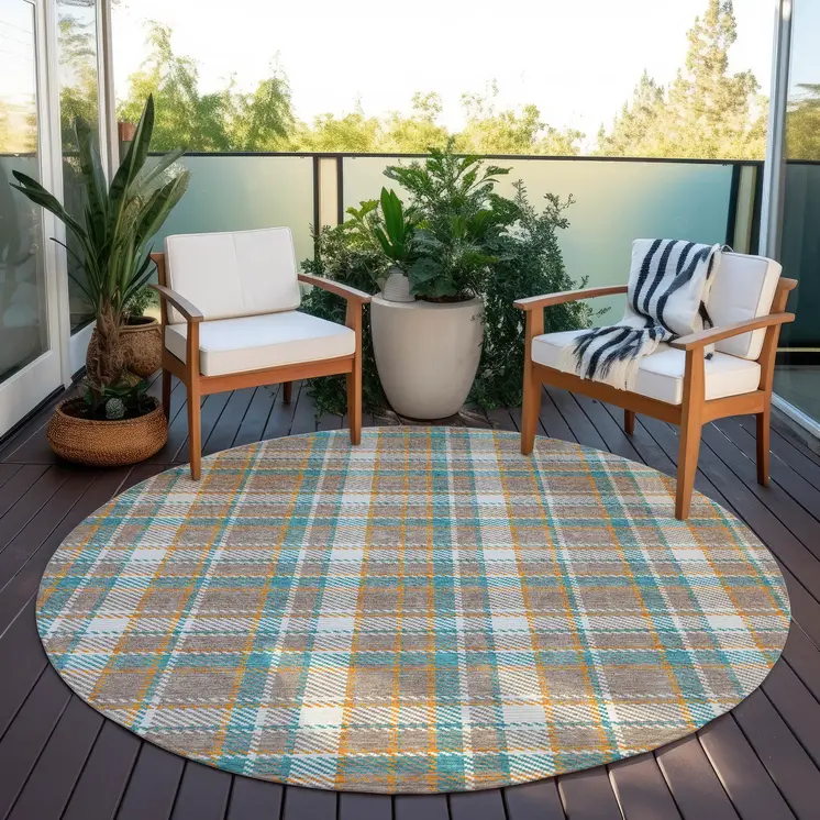 8' Taupe And Blue Round Plaid Washable Indoor Outdoor Area Rug