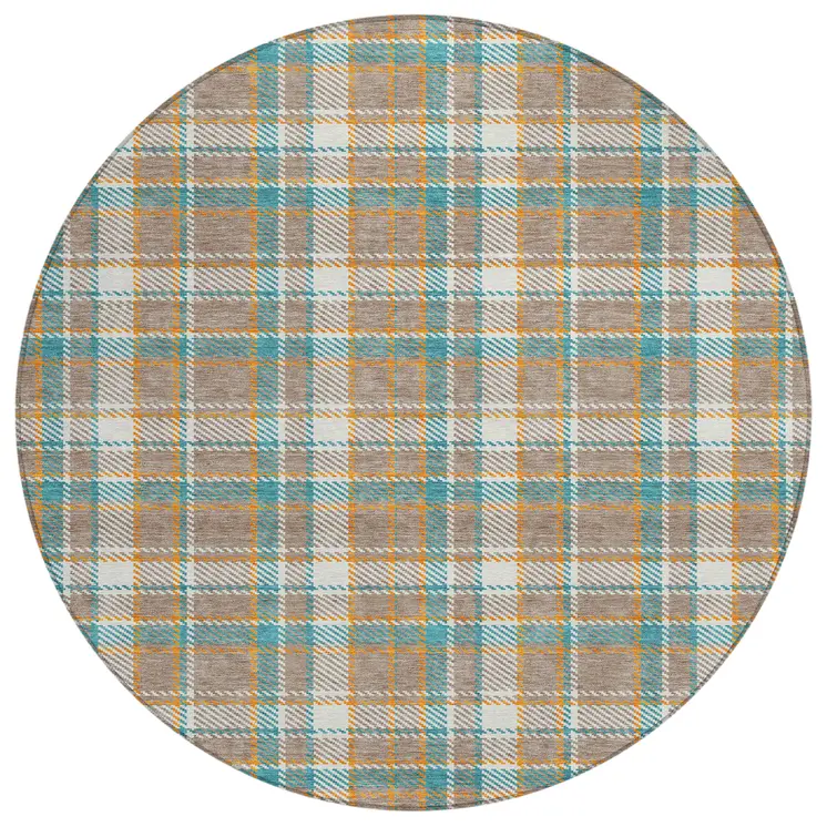 8' Taupe And Blue Round Plaid Washable Indoor Outdoor Area Rug
