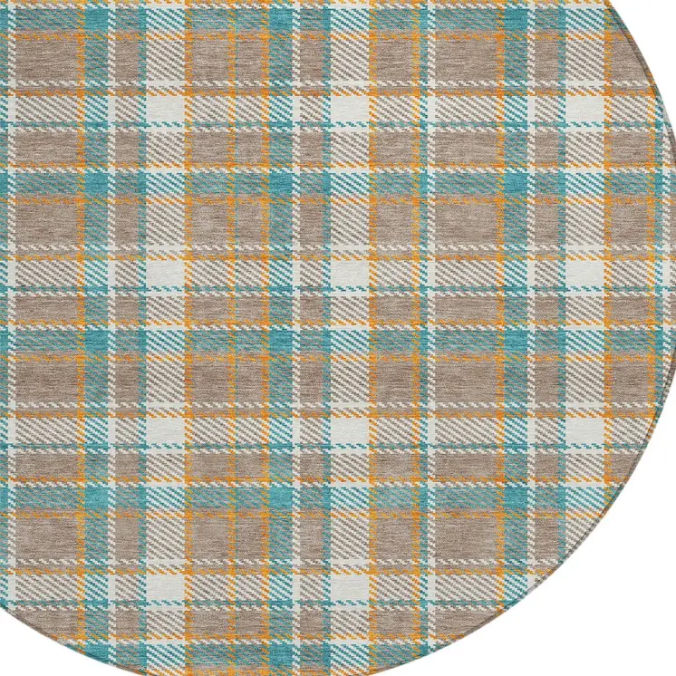 8' Taupe And Blue Round Plaid Washable Indoor Outdoor Area Rug