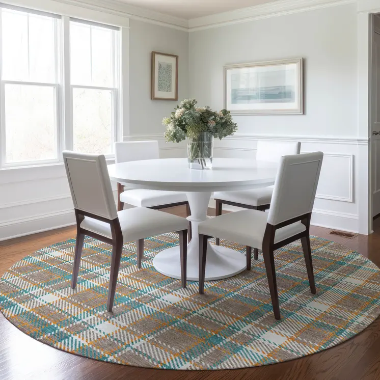 8' Taupe And Blue Round Plaid Washable Indoor Outdoor Area Rug