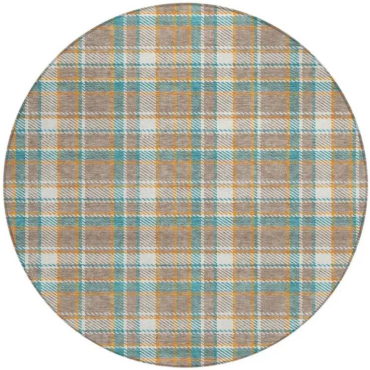 8' Taupe And Blue Round Plaid Washable Indoor Outdoor Area Rug