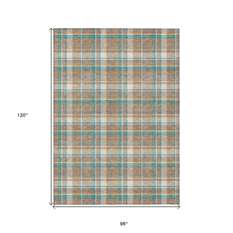 8' X 10' Taupe And Blue Plaid Washable Indoor Outdoor Area Rug