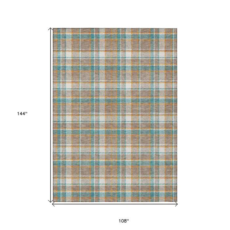 9' X 12' Taupe And Blue Plaid Washable Indoor Outdoor Area Rug