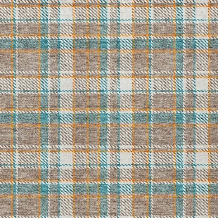 9' X 12' Taupe And Blue Plaid Washable Indoor Outdoor Area Rug