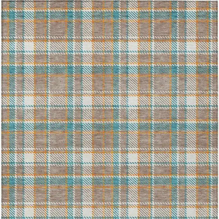 10' X 14' Taupe And Blue Plaid Washable Indoor Outdoor Area Rug