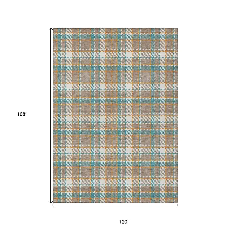 10' X 14' Taupe And Blue Plaid Washable Indoor Outdoor Area Rug