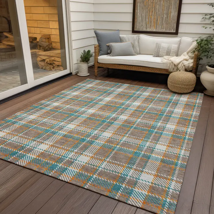 10' X 14' Taupe And Blue Plaid Washable Indoor Outdoor Area Rug