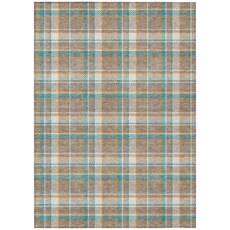 10' X 14' Taupe And Blue Plaid Washable Indoor Outdoor Area Rug