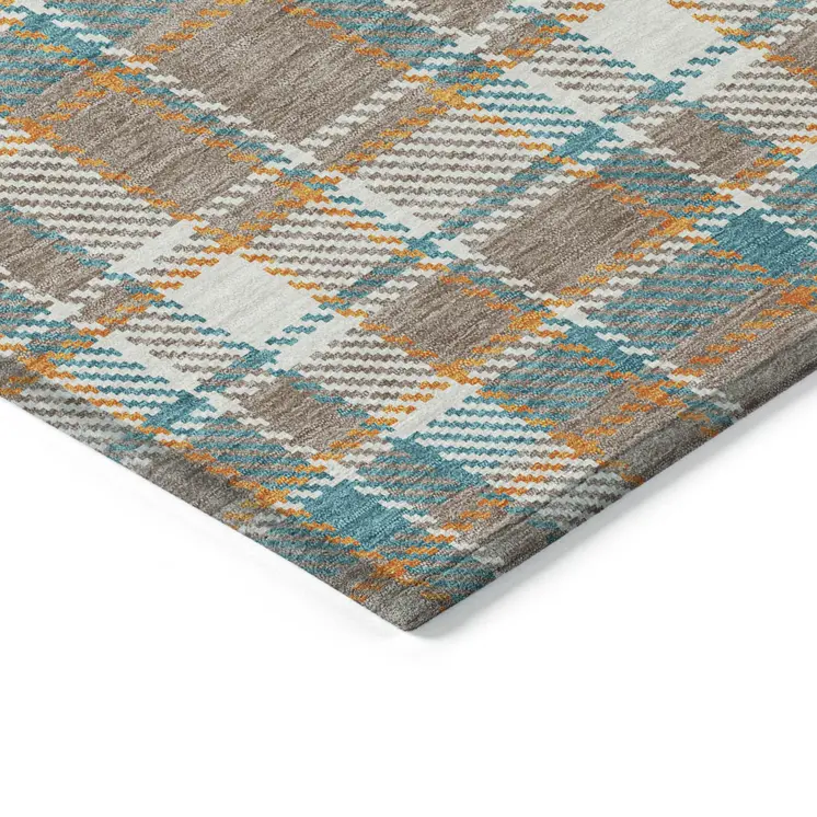 10' X 14' Taupe And Blue Plaid Washable Indoor Outdoor Area Rug