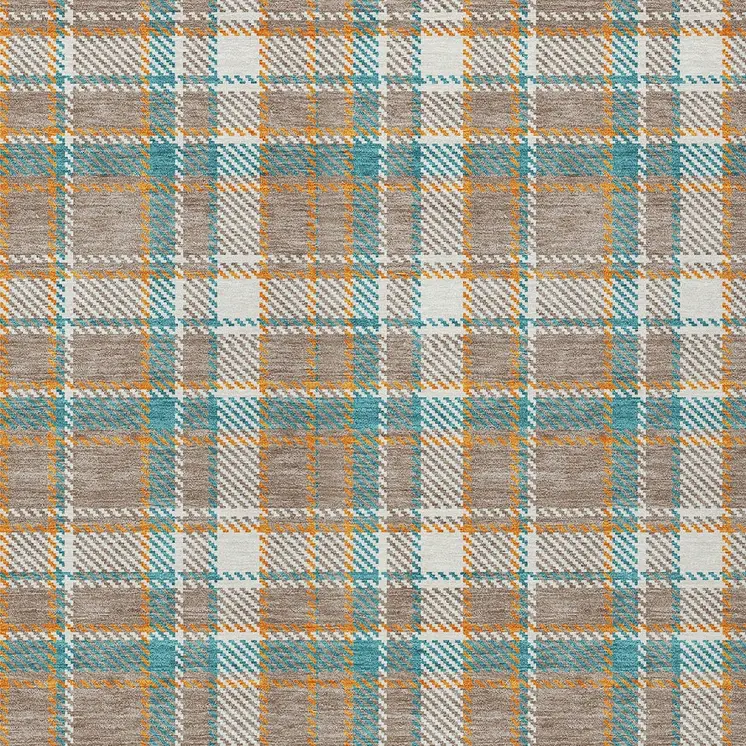 10' X 14' Taupe And Blue Plaid Washable Indoor Outdoor Area Rug