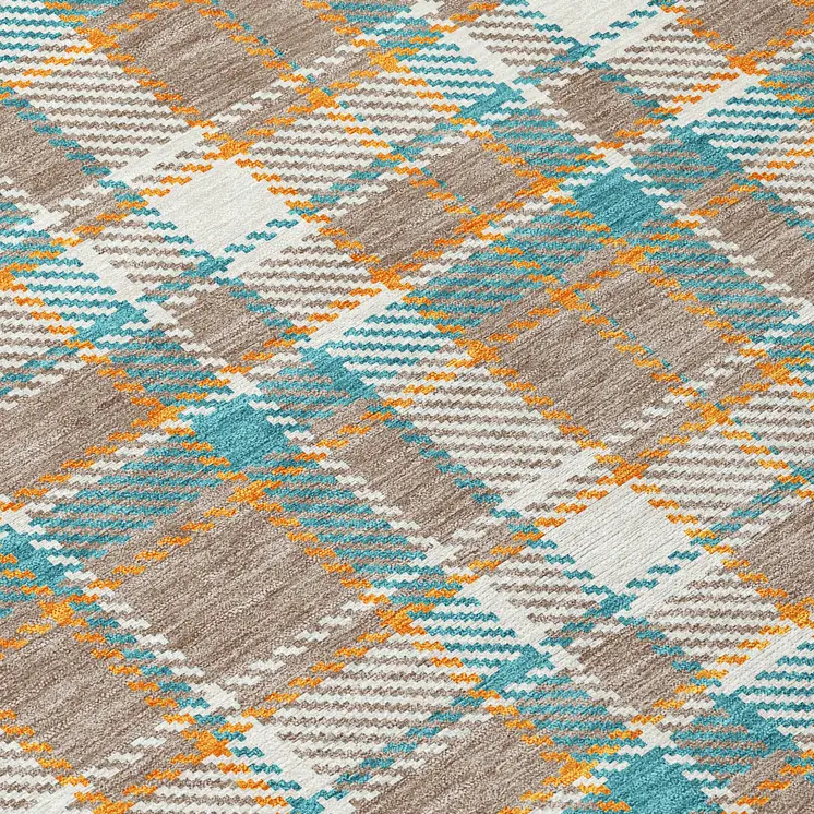 10' X 14' Taupe And Blue Plaid Washable Indoor Outdoor Area Rug
