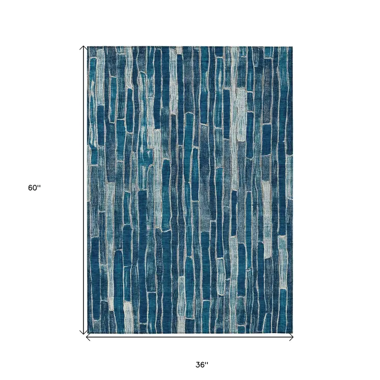 3' X 5' Blue And Light Blue Striped Washable Indoor Outdoor Area Rug