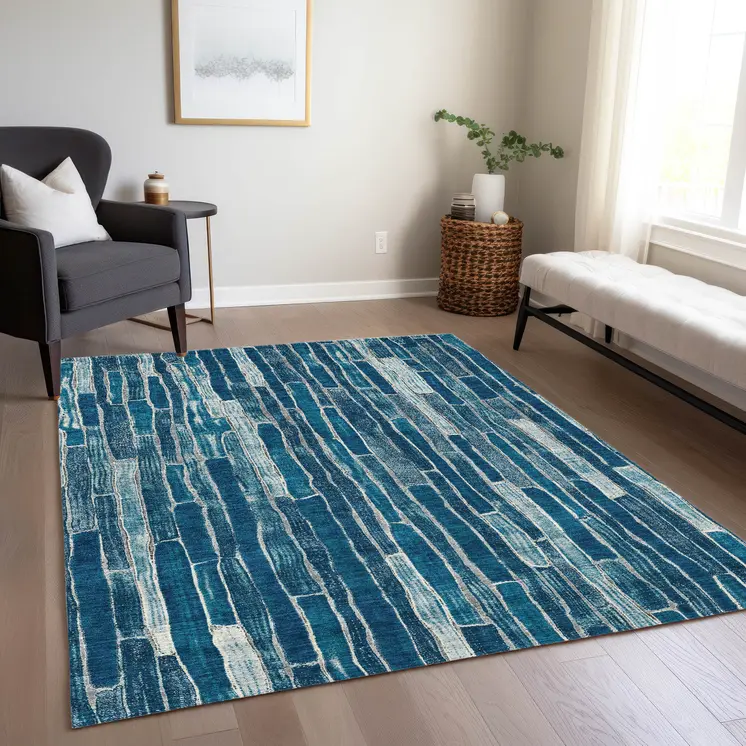 5' X 8' Blue And Light Blue Striped Washable Indoor Outdoor Area Rug