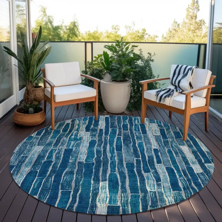 8' Blue And Light Blue Round Striped Washable Indoor Outdoor Area Rug