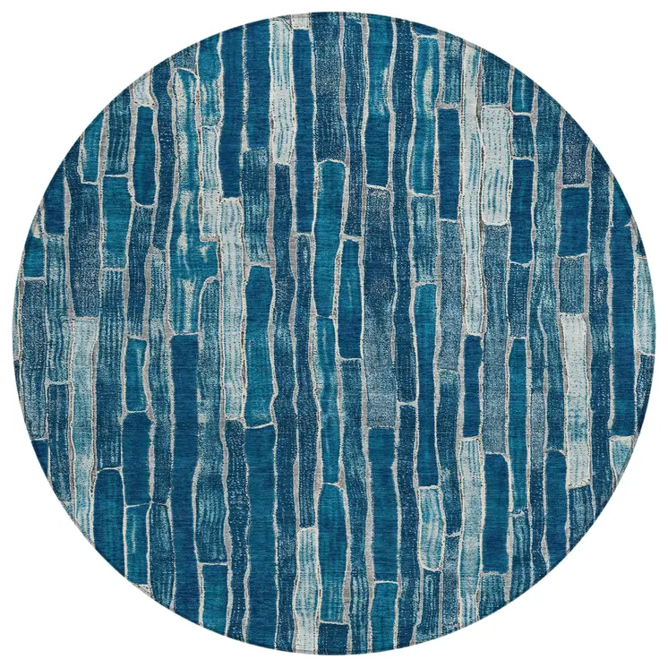 8' Blue And Light Blue Round Striped Washable Indoor Outdoor Area Rug