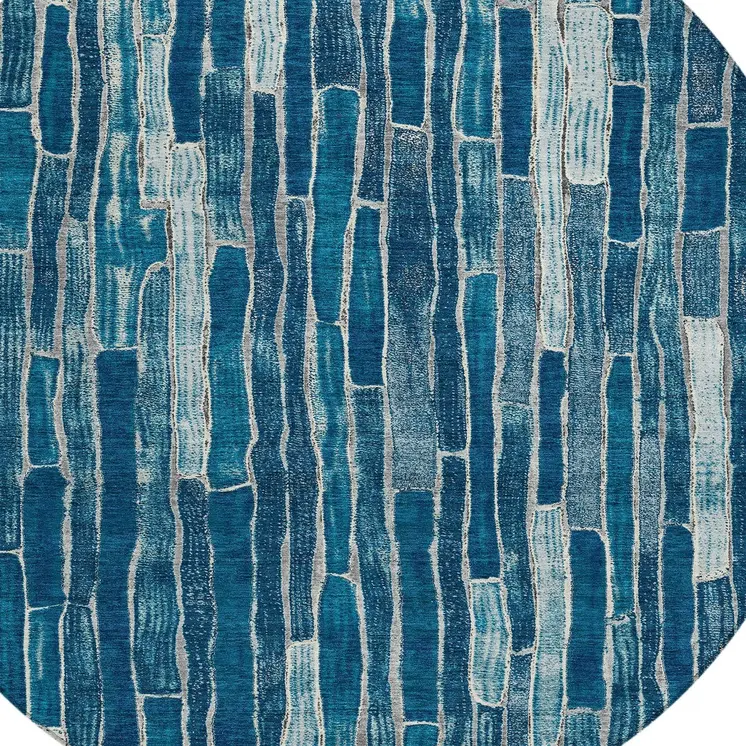 8' Blue And Light Blue Round Striped Washable Indoor Outdoor Area Rug