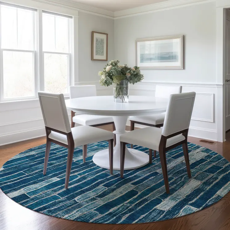 8' Blue And Light Blue Round Striped Washable Indoor Outdoor Area Rug