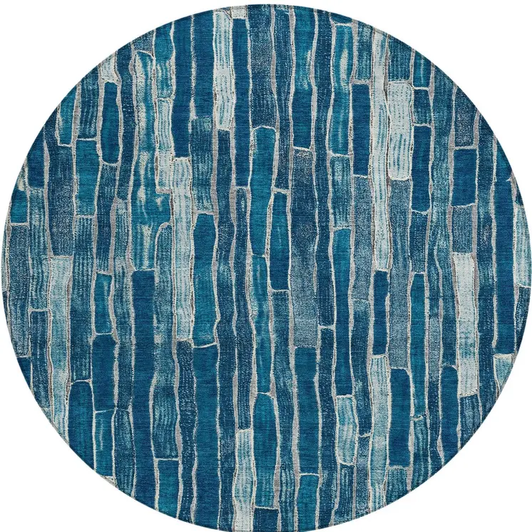 8' Blue And Light Blue Round Striped Washable Indoor Outdoor Area Rug