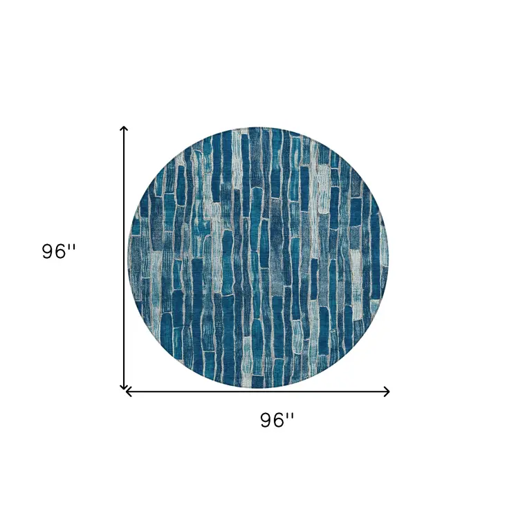 8' Blue And Light Blue Round Striped Washable Indoor Outdoor Area Rug