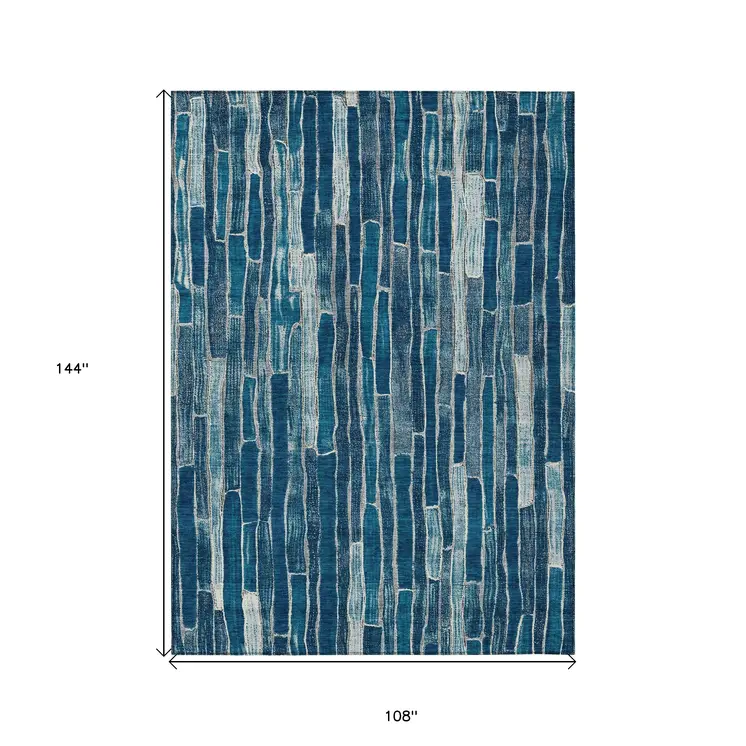 9' X 12' Blue And Light Blue Striped Washable Indoor Outdoor Area Rug