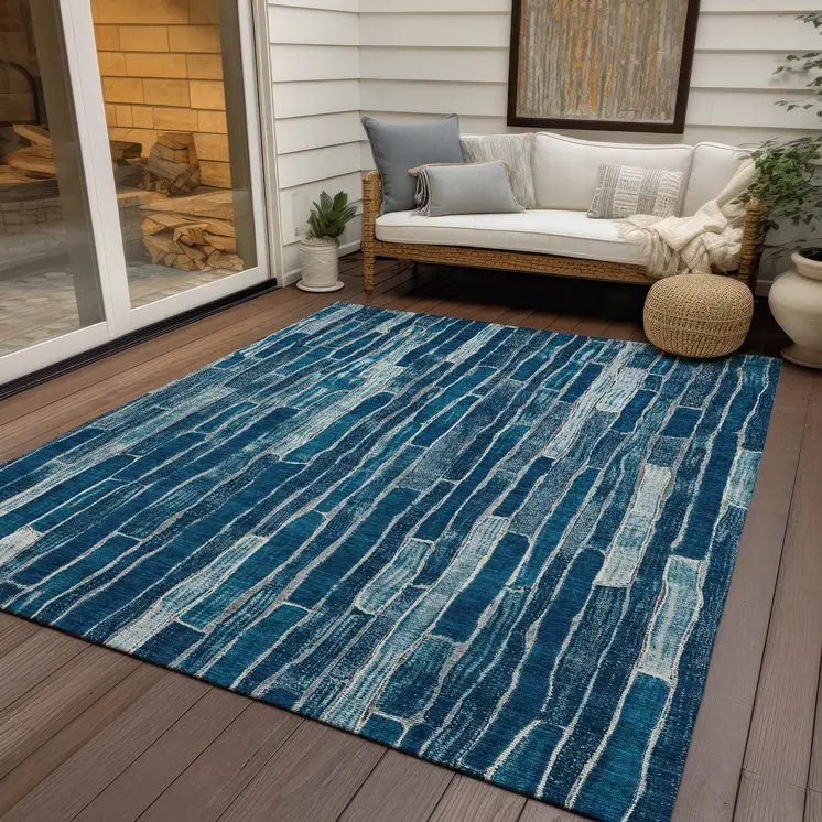 9' X 12' Blue And Light Blue Striped Washable Indoor Outdoor Area Rug